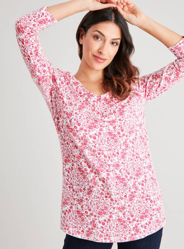 Pink Floral Print Button Front Top - 12